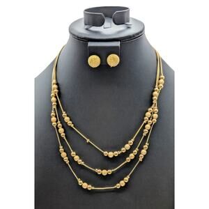 Vtg Etienne Aigner Three Strand Brushed Gold Tone Ball Necklace Earring Set